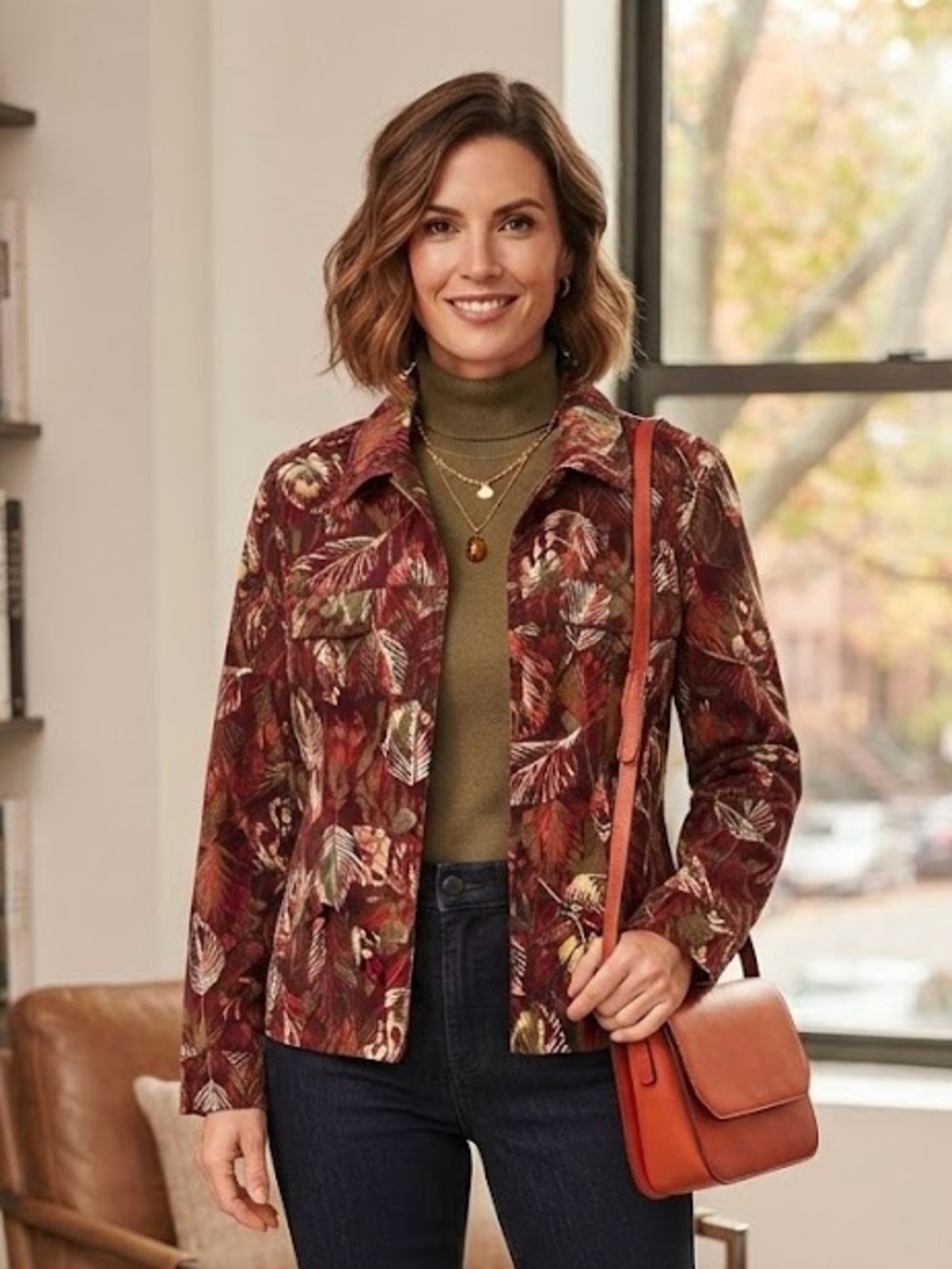 Koret Burgundy Multi-Color Autumn Fall Button-Down Jacket Boho Statement Chic L